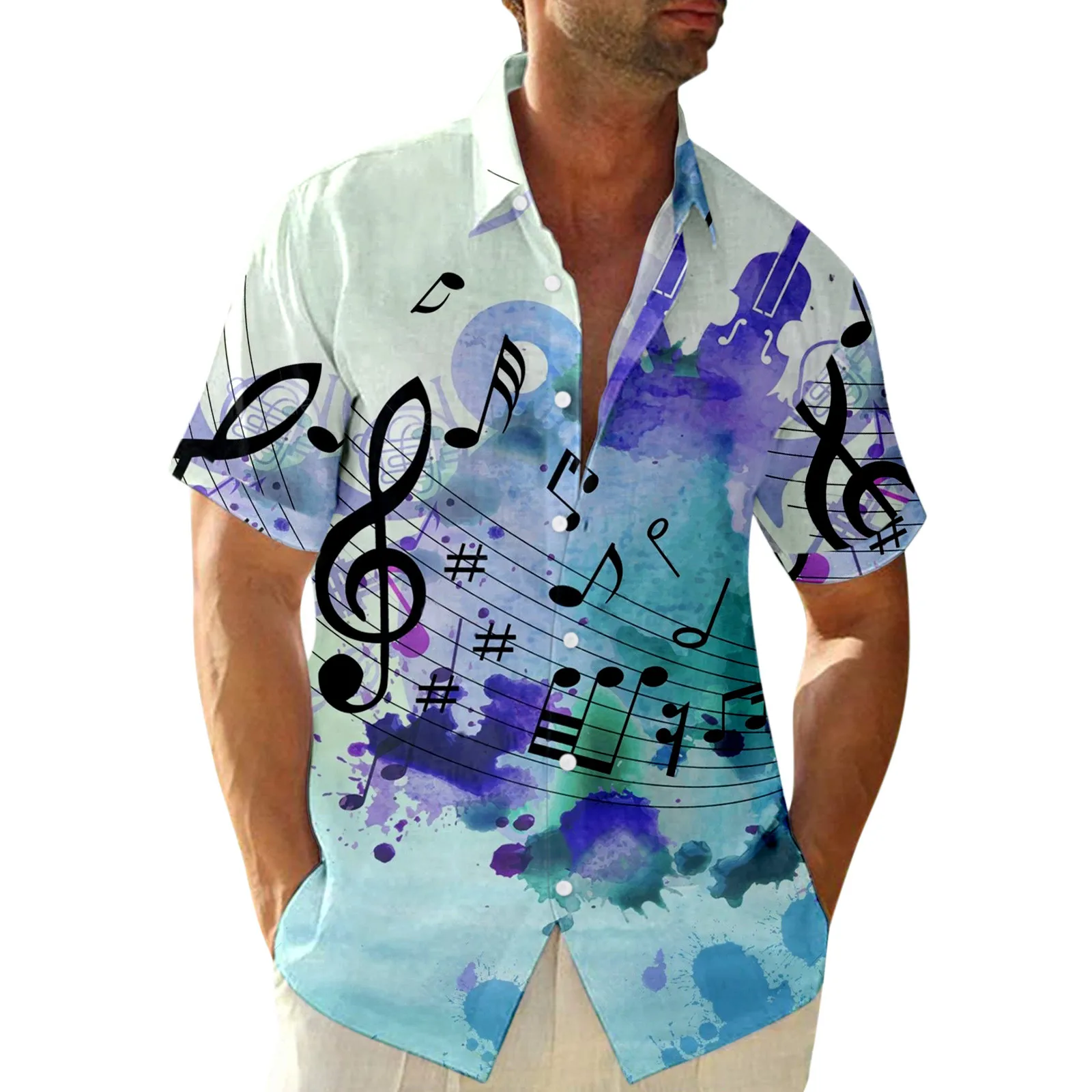 Men's Beach Floral Shirts Summer Musical Note Print Tie-Dye Casual Tees Tops Hawaii Short Sleeve Lapel Button Clothing Plus Size