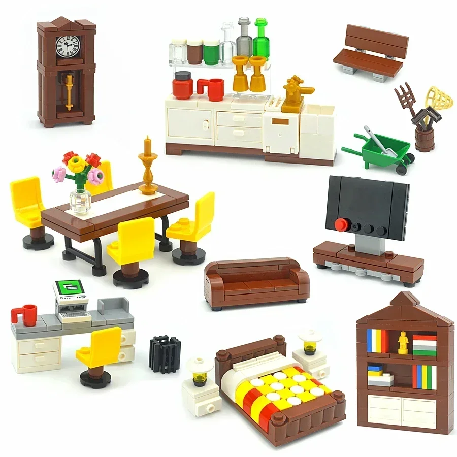 MOC Desk Bookcase Dining Table Piano Fish tank Set Parts DIY House Scenes Accessories Bricks Building Blocks Toy for Kid