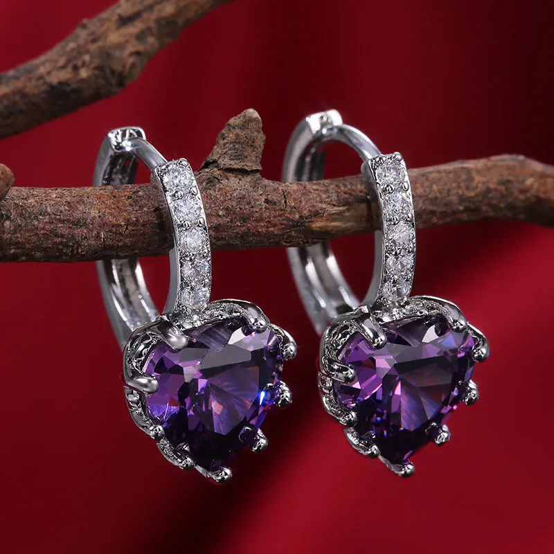 Luxury 2.5ct Heart Natural Purple Amethyst 925 Sterling Silver Hoop Earring for Women Statement Gemstone Jewelry Creole Huggies