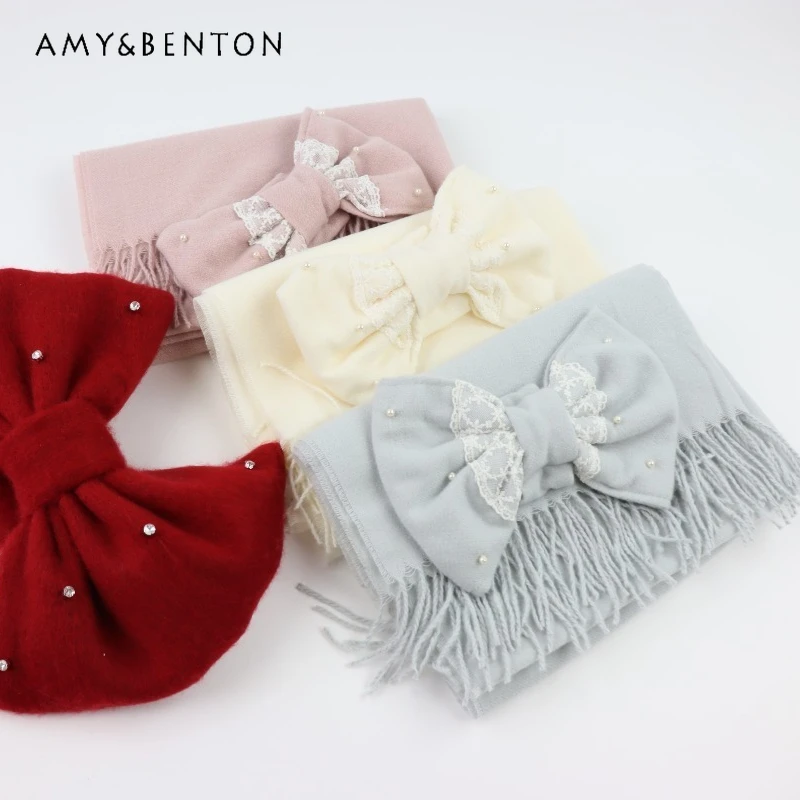 

Шарф в стиле Лолиты, шаль, женский жемчужный бант, съемный мягкий теплый шарф с кисточками, милый японский однотонный универсальный платок-одеяло