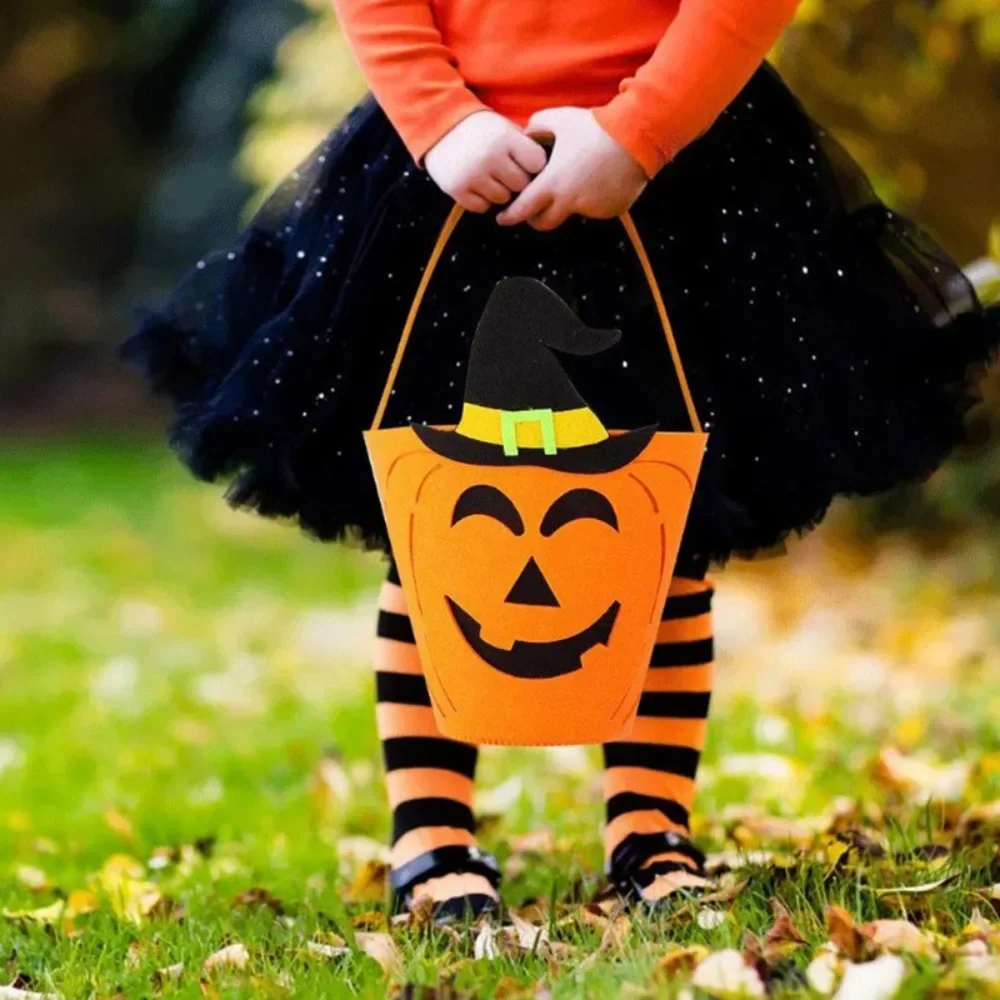 1pc Halloween Pumpkin Felt Trick or Treat Bags Funny with Handle High-capacity Felt Candy Bag Portable Basket Boys