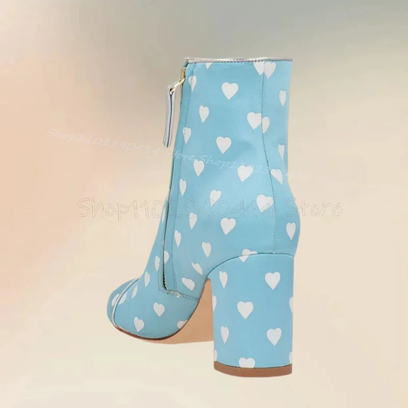 Sky Blue Heart Pattern Pointed Toe Ankle Boots Side Zipper Women Shoes Chunky High Heels Fashion Party 2024 Zapatos Para Mujere