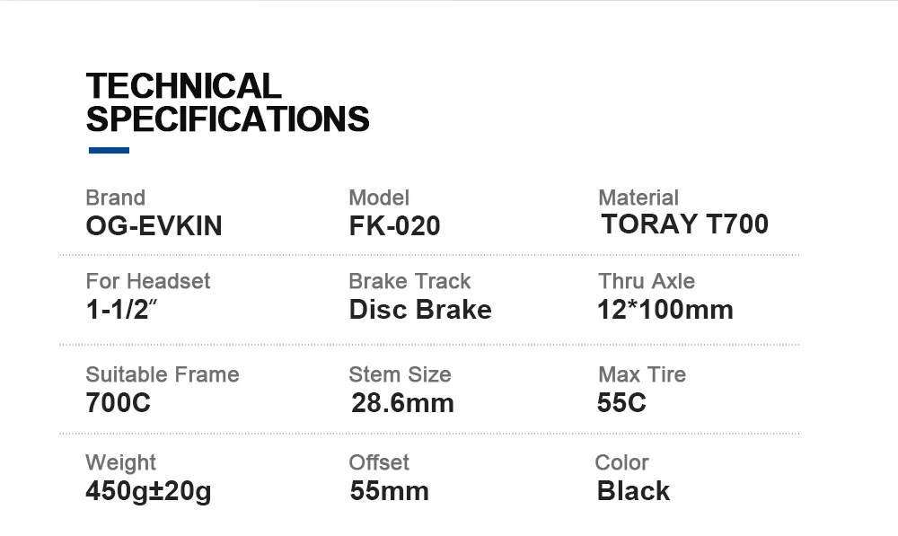 OG-EVKIN FK-020 Gravel-Gabel aus Carbonfaser, konische Gravel-Fahrrad-Vorderradgabel, Fahrradgabel, schwarz matt, 700C x 55C, Steckachse 12x100mm – Detail 3