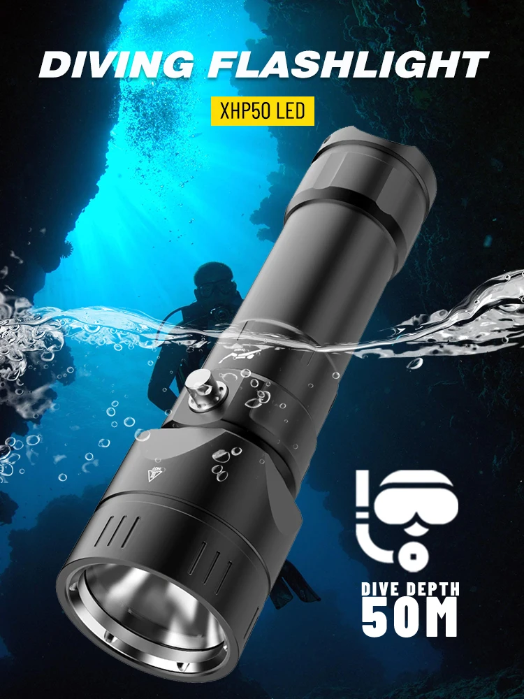 Ultra Bright XHP50 LED Diving Flashlight - Waterproof IPX8 Dive Torch for 18650/26650 Battery Use Underwater