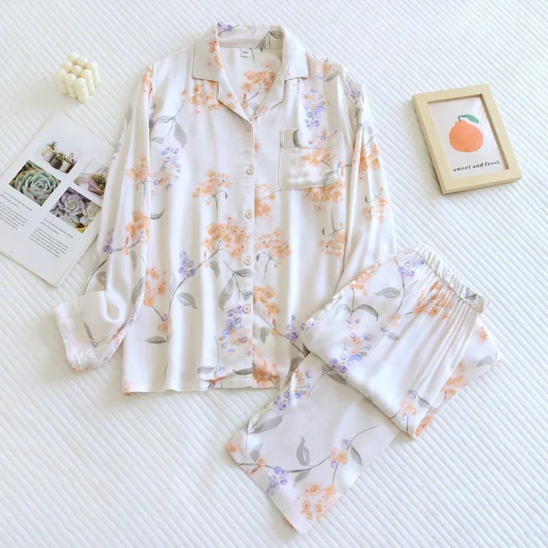 Spring Long Sleeve Printed Floral Loungewear Loose Fresh High-end Cotton Silk Pajamas Satin Soft and Smooth Ladies Pijama Set