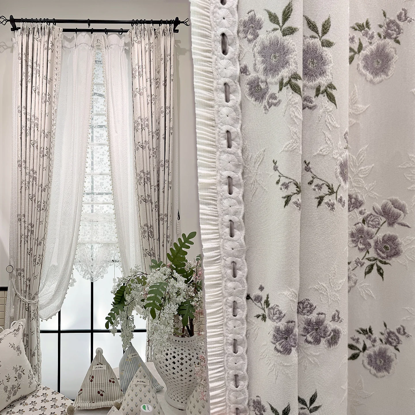 New Retro Pastoral Purple Chenille Embroidered Curtains for Living Room Bedroom French Window Custom Window Screen