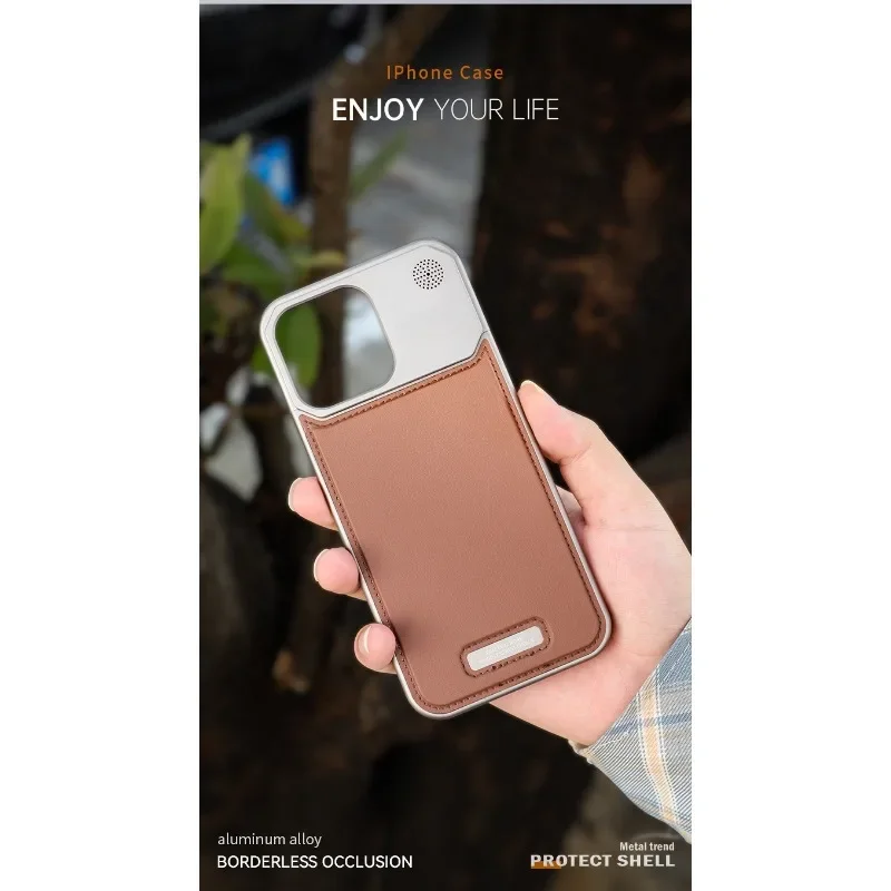 Push-Pull Borderless Leather Metal Phone Case for Iphone13 14 15 16pro Max Simple Design Shockproof Anti-scratch Protector Cover