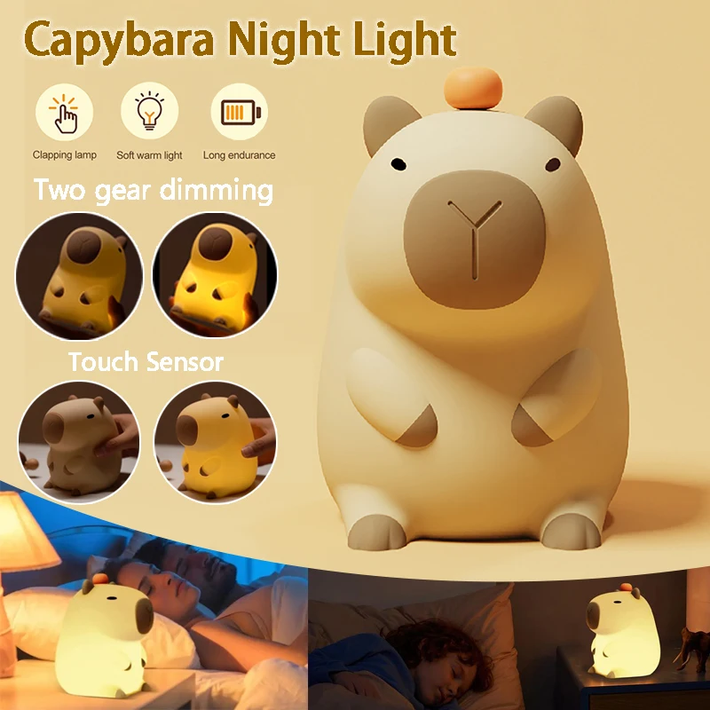 Luces nocturnas de dibujos animados Capybara, Sensor táctil recargable, luz Pat, temporizador, atenuación del sueño, lámpara de noche, dormitorio, sala de estar, regalo