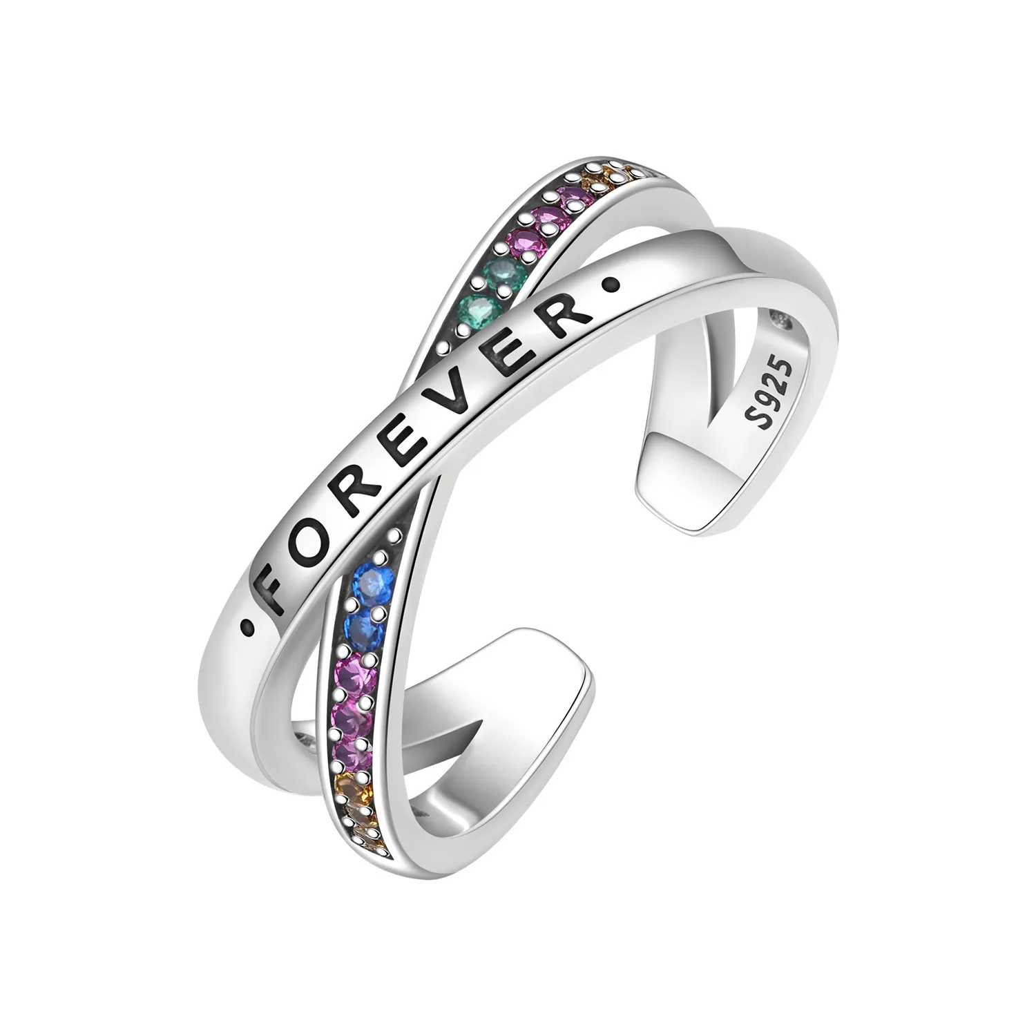 925 Sterling Silver Forever Engraved Twist Open Ring Rainbow Multi Color CZ Inlaid Adjustable Stackable Ring Women Jewelry Gift