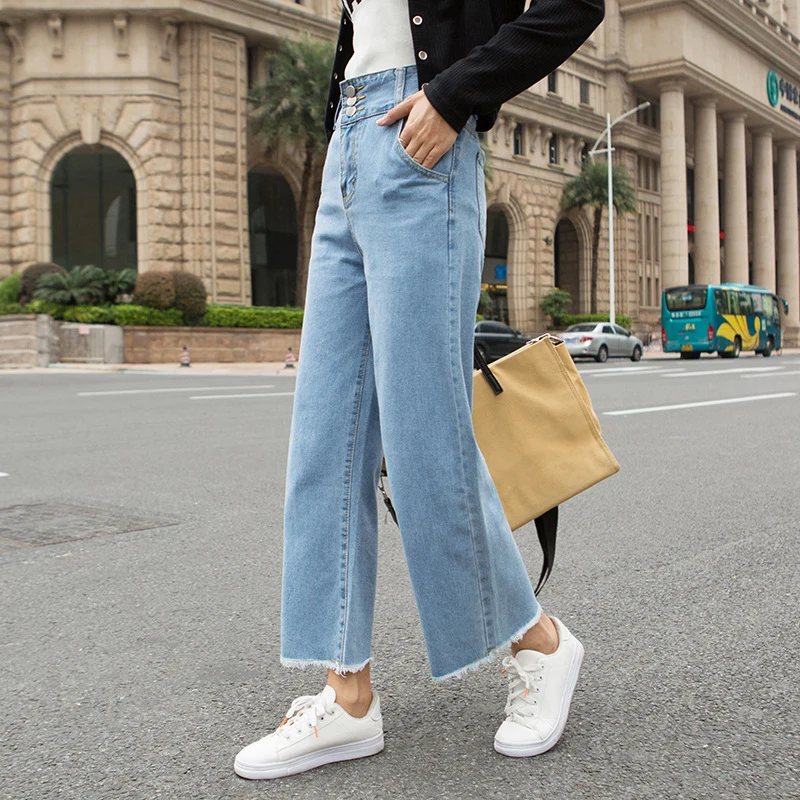 

High Waist Wide Leg Jeans for Women Spring New Versatile Straight Cropped Pants Casual Loose Raw Edge Denim Trousers