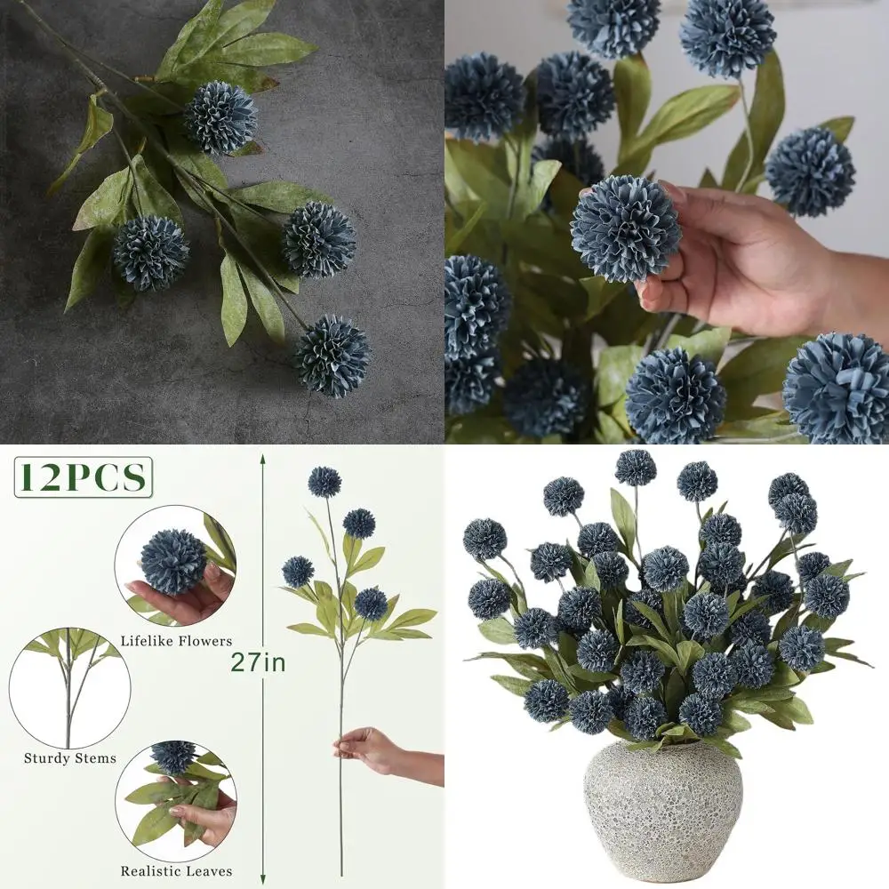 

12 шт. искусственных цветов из шелка с помпонами, 27 стеблей для букетов своими руками, свадебных композиций, украшений для душевых церемоний, синего цвета