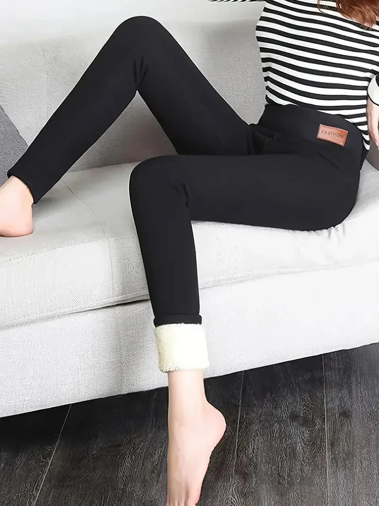 Winter Dicke Hohe Taille Stretch Frauen Leggings Warme Plüsch Leatherlabel Verhindern Kalte Hosen Dünne Beiläufige Klassische Frau Hosen