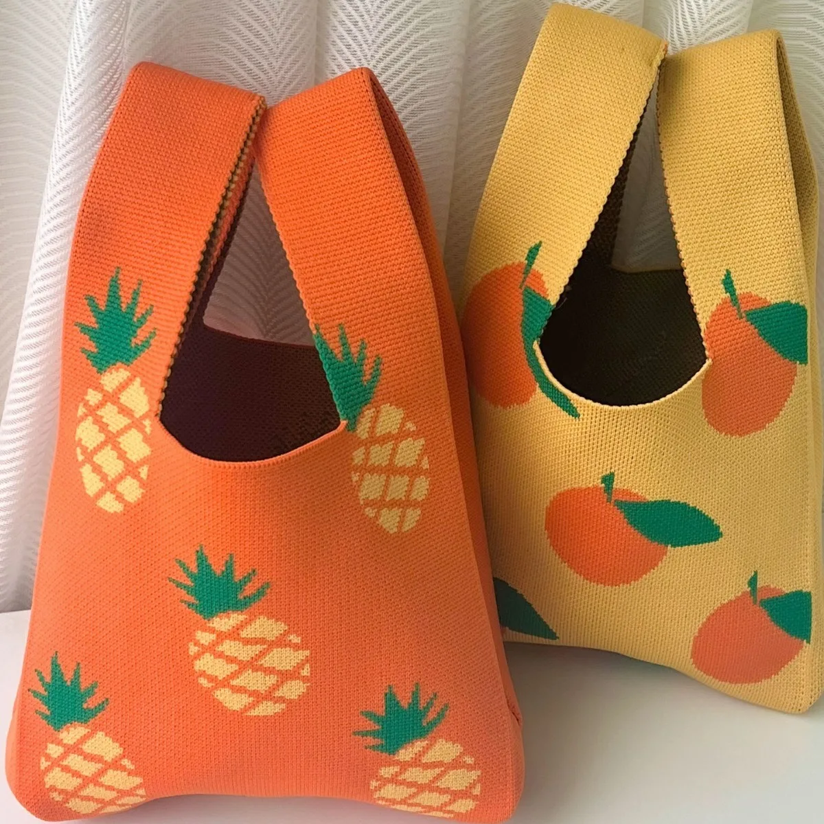 Cute Fruit Pattern Hand Knitted Tote Bag Portable Bucket Handle Women's Bag Simple Design Fly Knit Woven Bag Polyester Material