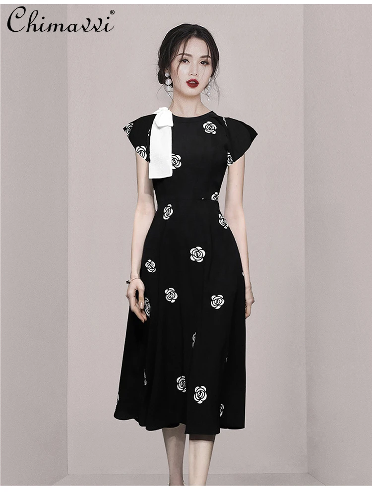 

2024 Summer Elegant Commuter Embroidered Bow Short Sleeve round Neck High Waist Slim A- line Casual Black Long Dress for Women