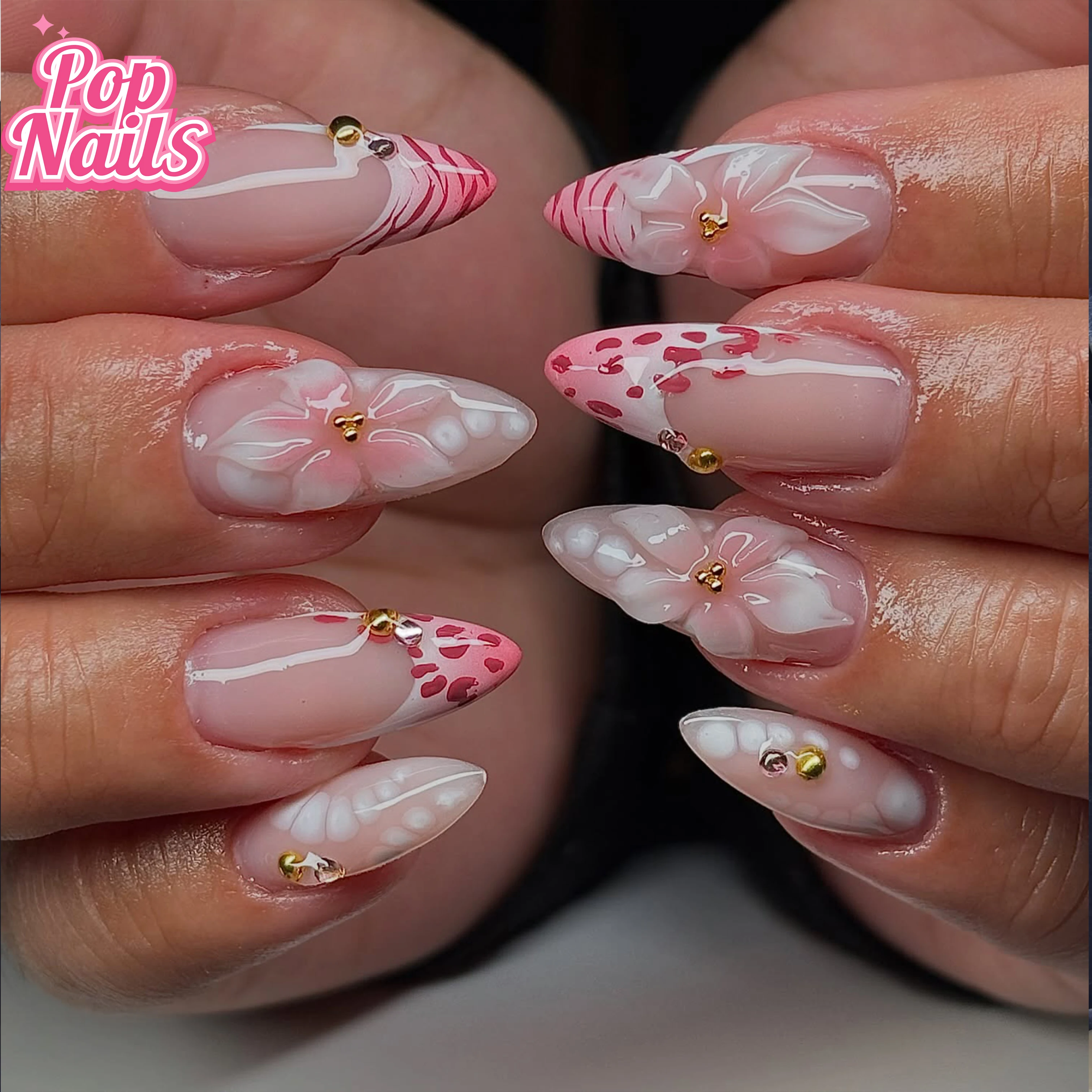 

Pink 3D Flower Leopard Print Press on Nails Handmad Y2k Almond Nail Cute Flowers Y2k Korean Nail Supplies Pressons Acrylic Nails