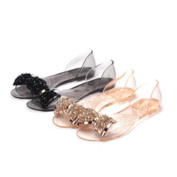 Women's New PVC Transparent Sandals Summer Flat Jelly Shoes Glass Diamond Bow Fashion Shoes Plastic Fish Mouth Shoes