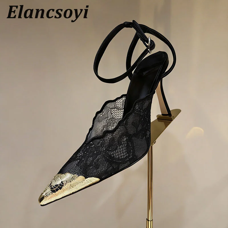 High Heels Sandals Women's Lace Mesh Thin Heels Sandalias Back Strap Metal Pointed Toe Pumps Summer Sexy Party Dress Shoes