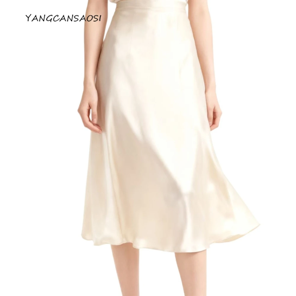 

2025 женская повседневная весна/осень, новый темперамент, 100% натуральный шелковый шелк, однотонная атласная юбка-русалка с эластичной резинкой на талии