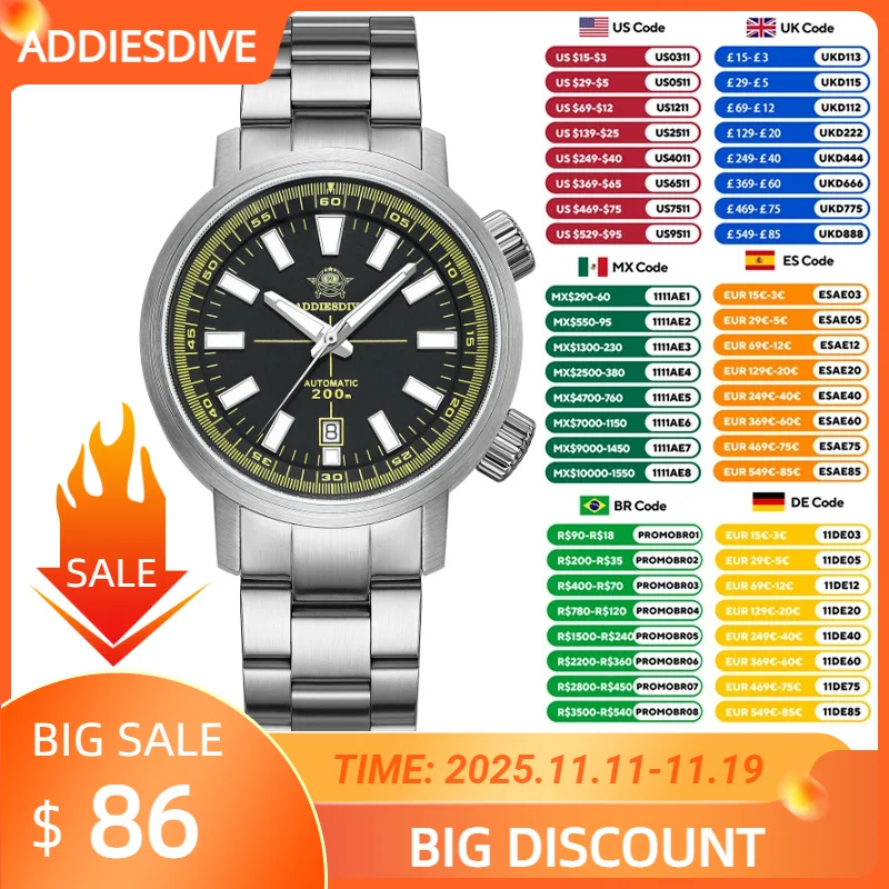 

ADDIESDIVE 200M Diving Men's Automatic Stainless Steel Watch Japan 8215 AR Sapphire Mechanical Wristwatch Super Luminous Watches