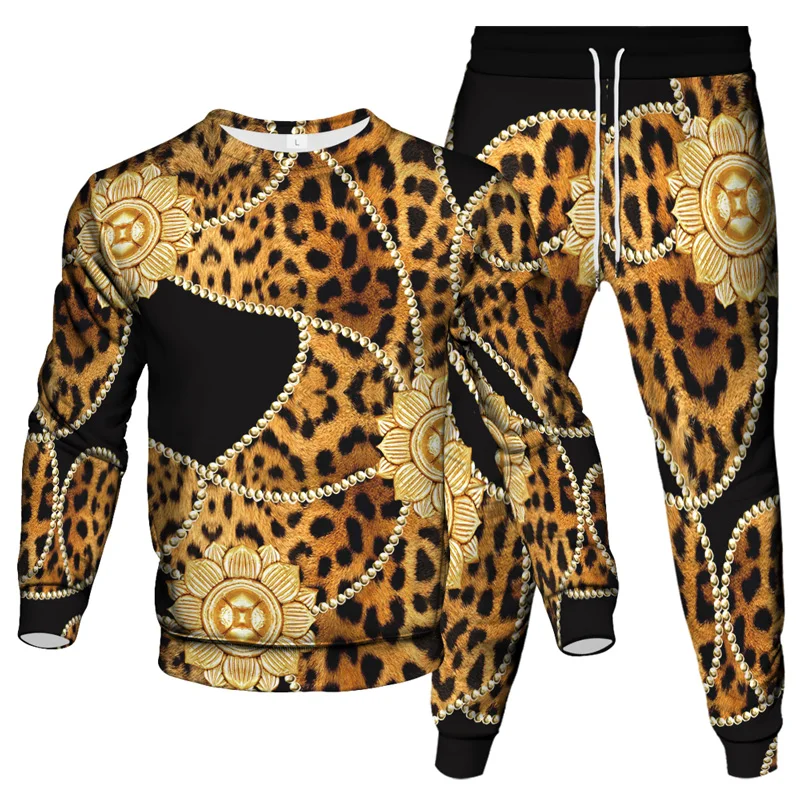 Vintage Style Men Tracksuit Animal Leopard Snake Florial Gold Chain Pattern Print Clothing Suit Male Sweatshirt Pant 2Piece Set