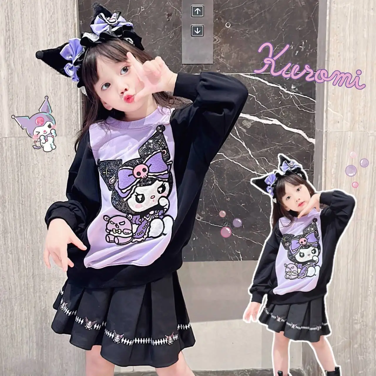 

Sanrio 2025 New Autumn Kuromi Sweatshirt for Older Girls, Long-Sleeve, Fashionable Cartoon Style with Korean-Style Pleated Skirt