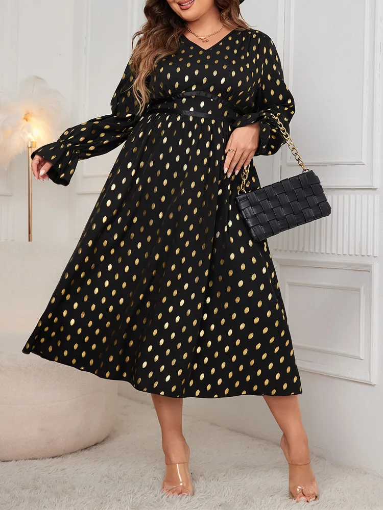 GIBSIE Plus Size High Waist Polka Dot Long Dress Women 2024 Autumn New V-neck Long Sleeve Black Elegant A-Line Dresses Female