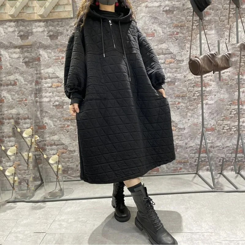 Oversized Women\'s Clothing Autumn and Winter Jacket Cotton Jacket Hooded Sweatershirt Winter Plush and Thickened Ladies Dress