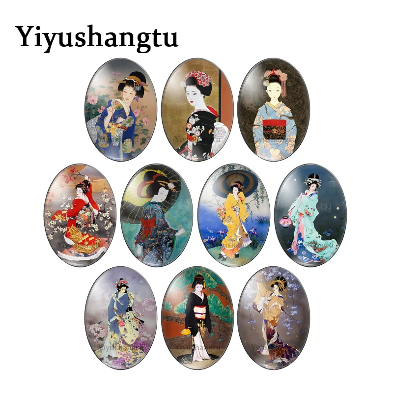 Fashion Japanese geisha Gorgeous dress 13x18mm/18x25mm/30x40mm Oval photo glass cabochon flat back Making findings