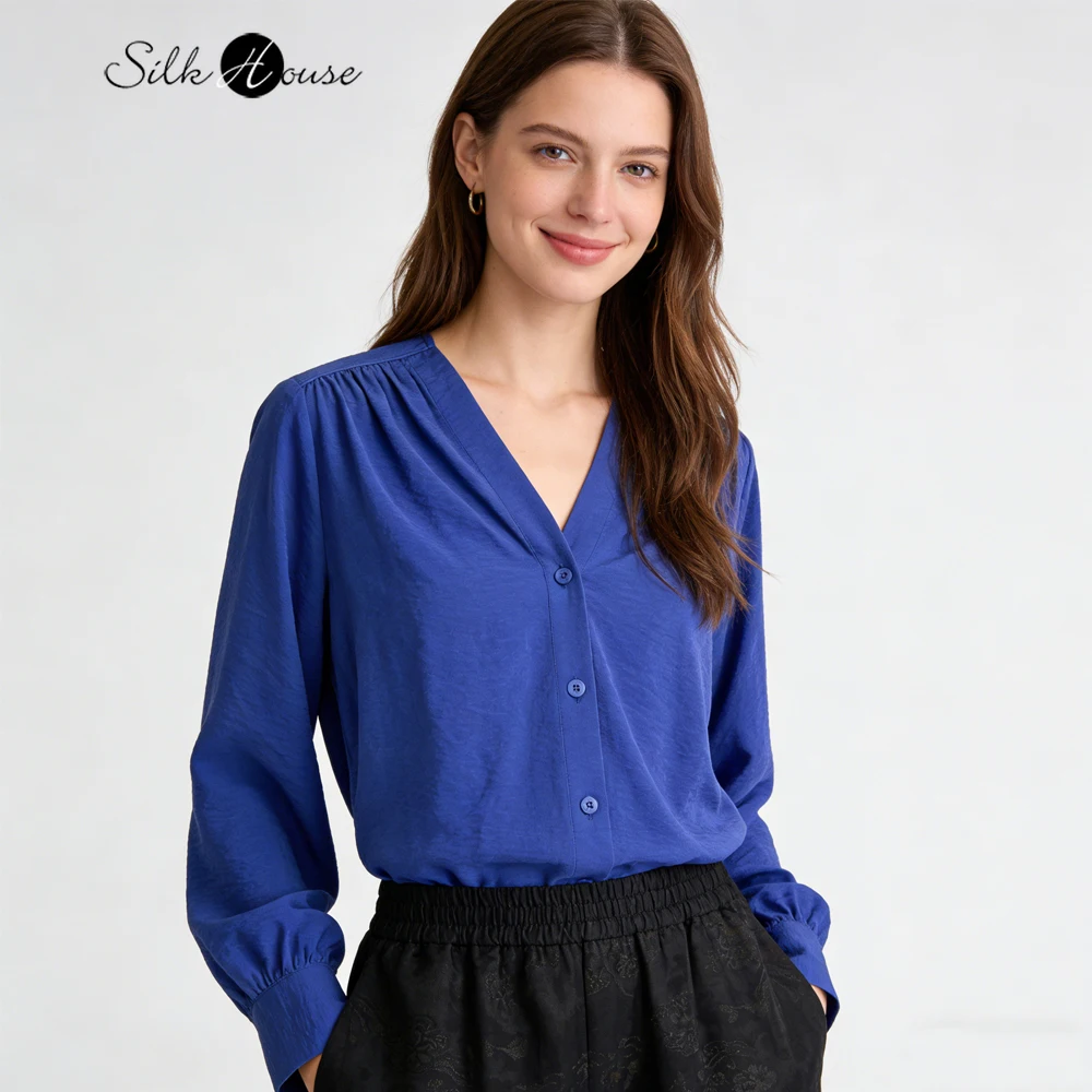 2026 Women's Fashion Spring Clothing Royal Blue 76% Natural Mulberry Silk Dry Silk V-neck Long Sleeve Single-breasted Shirt