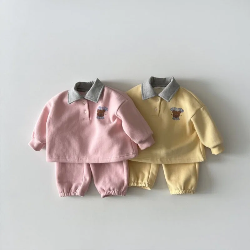 

2025 Autumn New Baby Long Sleeve Clothes Set Boys Girls Lapel Cute Bear Sweatshirt + Pants 2pcs Suit Kids Toddler Casual Outfits