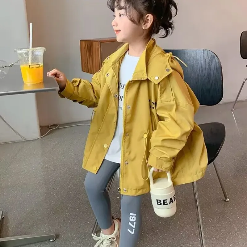 Kids Girls Coat Spring and Autumn 2025 New Fashionable Spring Jacket Children's Mid length Hooded Windbreaker Baby Casual Top