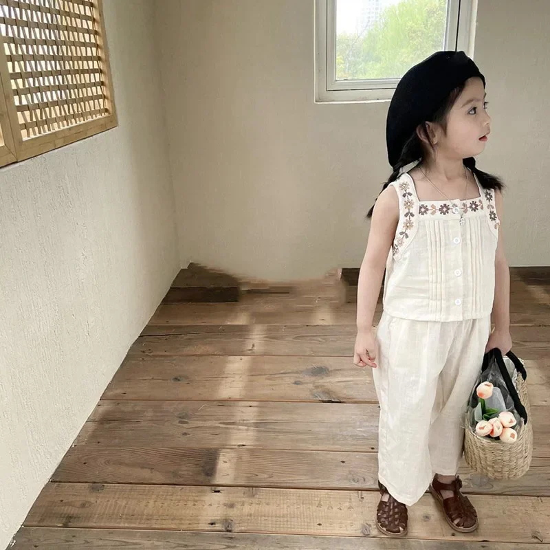 赤ちゃんと女の子のための刺繍入りコットンベストとワイドレッグパンツ,日本と韓国のスタイルの服,子供服,夏