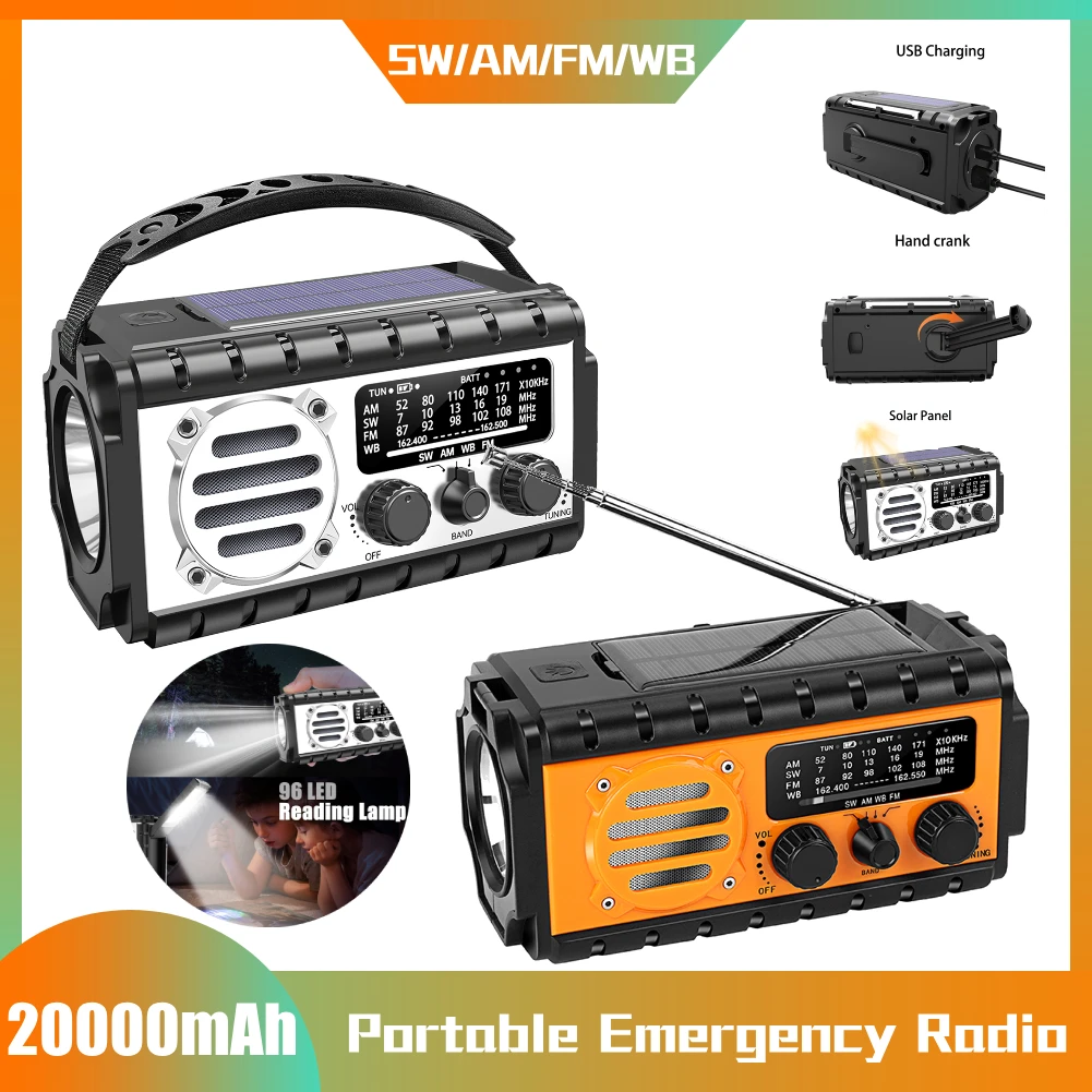 

20000mAh AM/FM/SW/WB Emergency Radio Mini Portable Radio Solar Hand Crank Wind-up Weather Alert Emergency Radio Survival Lamp