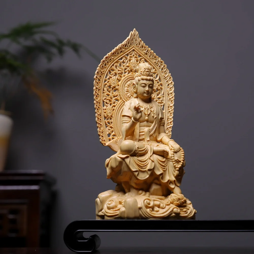 Handcrafted Wood Seated Guanyin Buddha Statue Intricate Lotus Carved Bodhisattva for Home or Temple Altar, Spiritual Decor