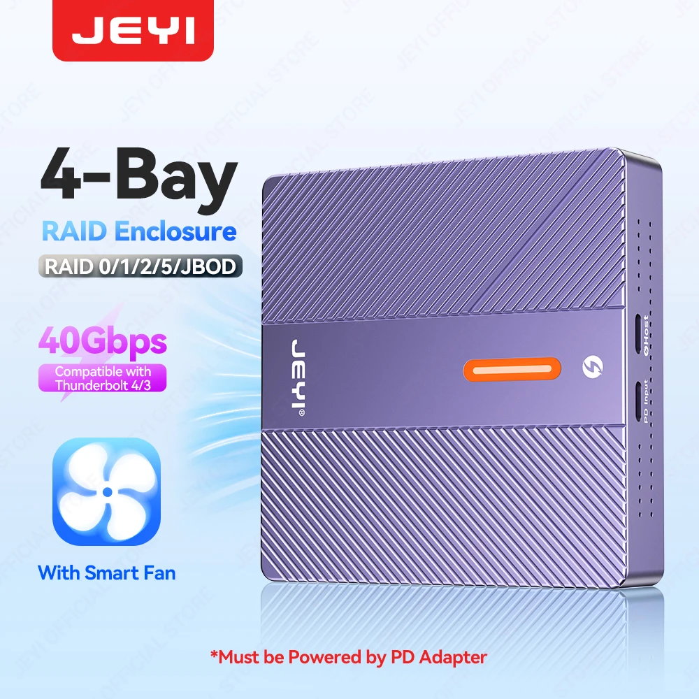 JEYI 4-Bay 40Gbps RAID NVMe Enclosure Compatible with Thunderbolt 4/3 Turbine Cooling Compatible Individual & RAID Modes Mac/Win