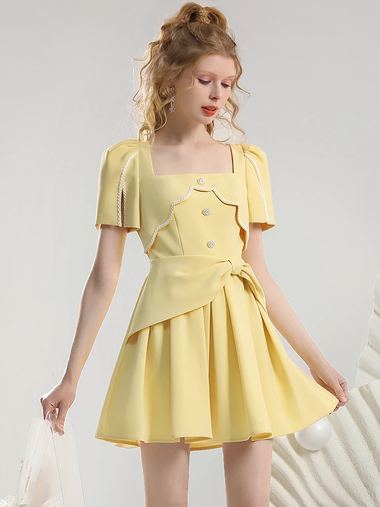 Advanced Designer Model Gentle Retro Yellow Puff Short Sleeve Dress for Women 2024 Summer New Bow Sweet Square Collar Mini Dress