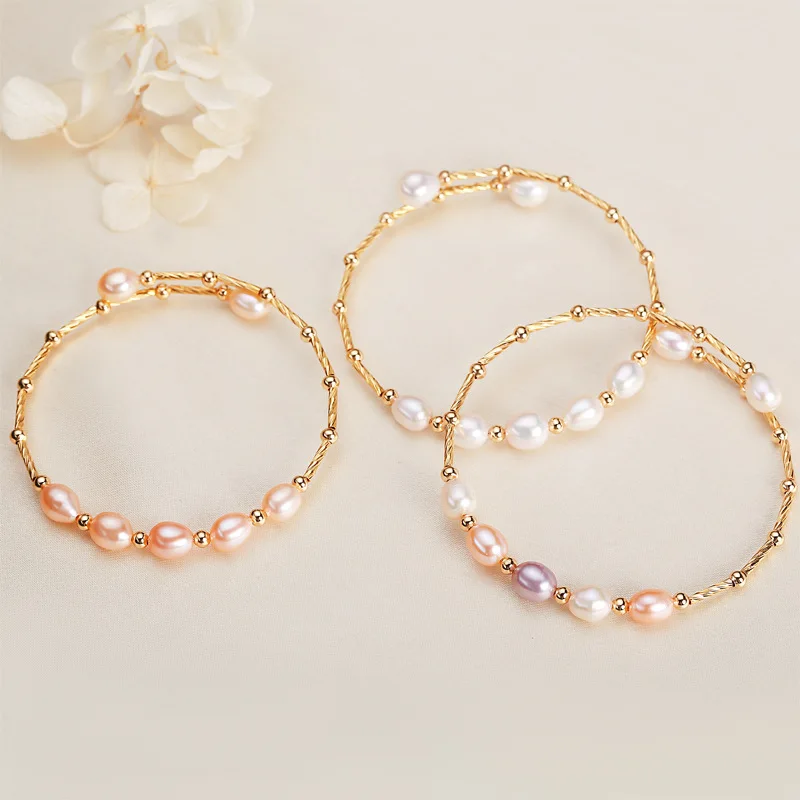 

6-7mm Rice Shape Freshwater Pearl Bangle for Women White Pink Mix Pearl Open Adjustable Gold Color Female Bangle