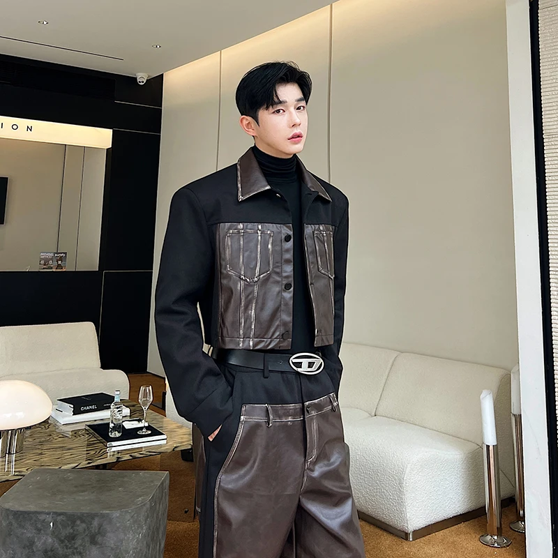 SYUHGFA 2024 Autumn Winter Suits Vintage Men\'s Lapel Patchwork PU Leather Short Jacket Wide Leg Pants Two Piece Set Men Clothing