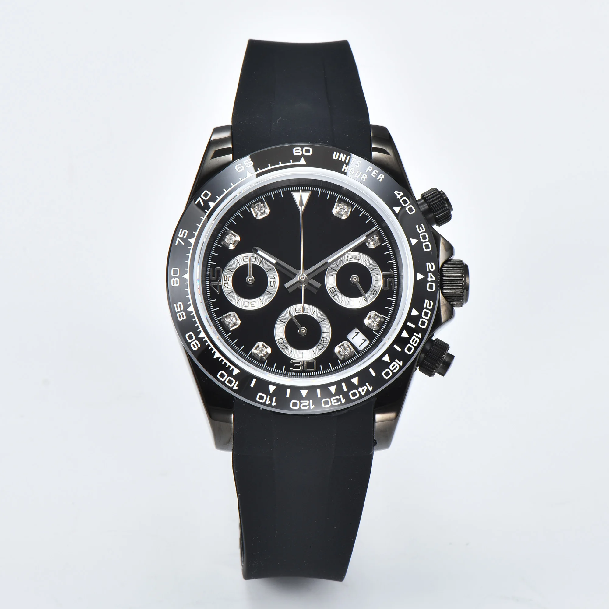 Reloj cronógrafo personalizado para hombre con caja negra/dorada PVD de 40mm, esfera estéril, pulsera de acero con cristal de zafiro, reloj deportivo de cuarzo para hombre