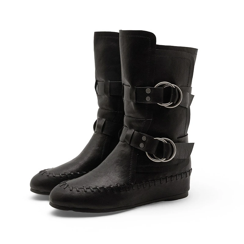 CICIYANG Women Mid Calf Boots 2026 New Double Buckle Strap Thick Sole Vintage Knight Boots Autumn Winter Fashion Ladies Boots