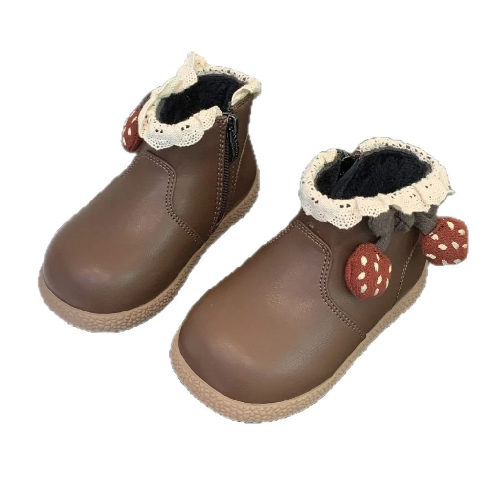 

Новые зимние детские милые нескользящие ботильоны вишневого цвета для девочек, милые хлопковые сапоги принцессы с кружевной отделкой для малышей