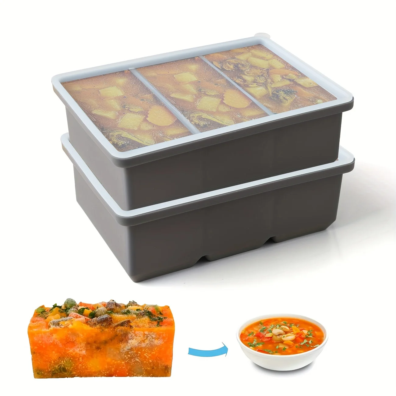 2pcs (1 Lid + 1 Ice Mold) Large Silicone Cube of Ice Trays with Lids - Easy Release, Large 1 Cup Portions for Soups