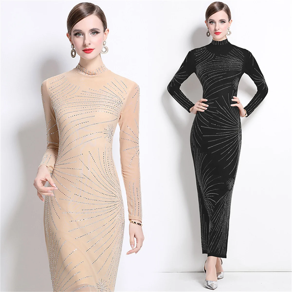 

Elegant Solid Rhinestone Stand collar Long Prom Dress Formal Occasion Women's Long Sleeve Mesh Slim Party Dresses