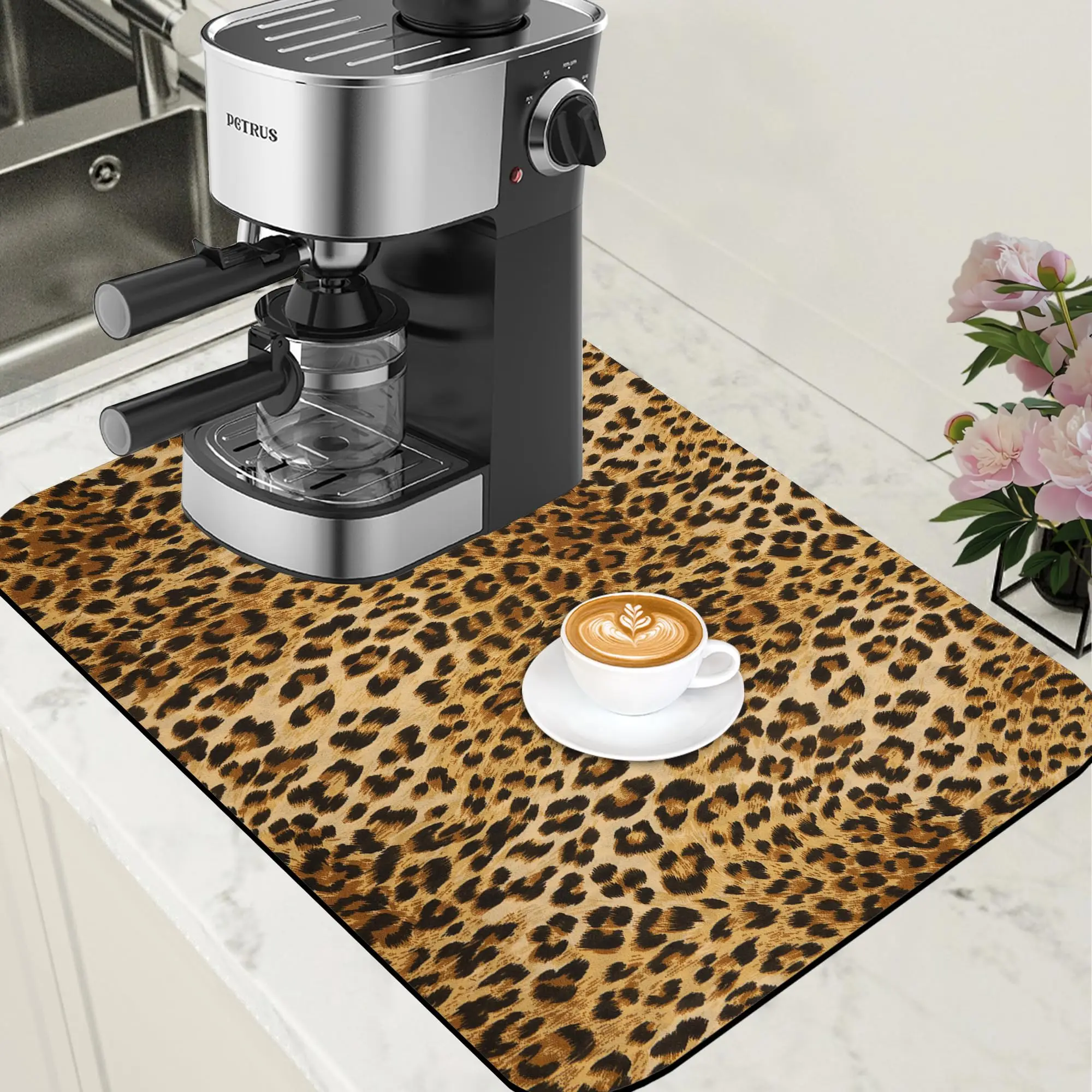 

Leopard Print Dish Drying Mat for Kitchen Counter Hide Stain Absorbent Drying Rack Pad Rubber Backed Coffee Mat