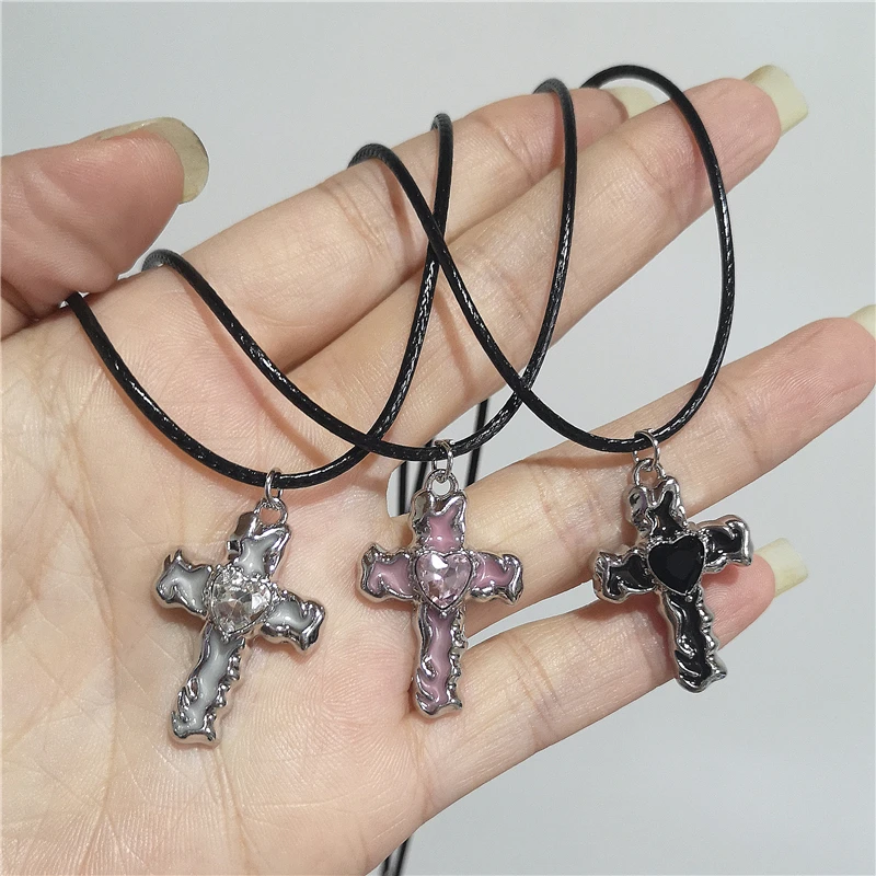 القوطية الشرير Y2K أسود وردي كريستال القلب الزركون الصليب قلادة حبل أسود سلسلة المختنق قلادة للمرأة الرجال 90s EMO اكسسوارات #2