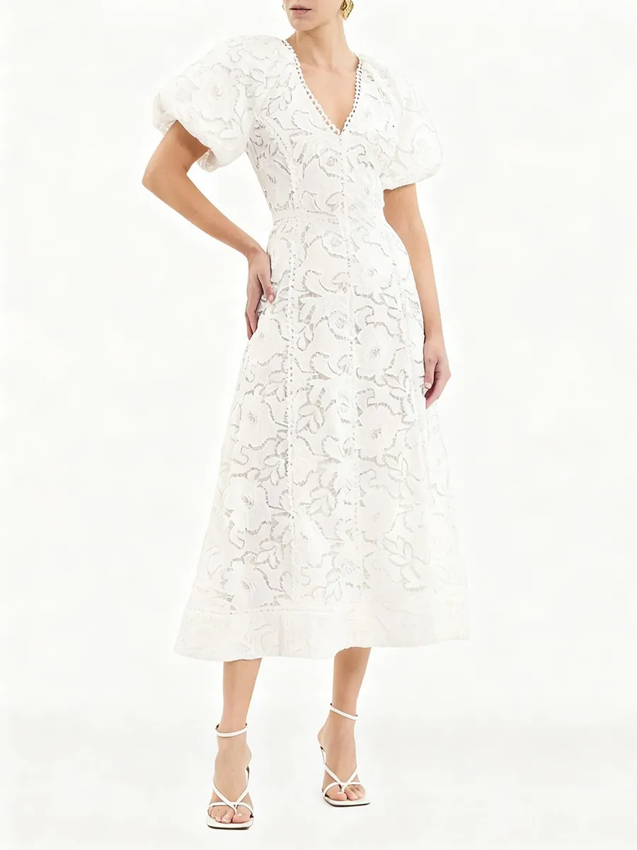 TWOTWINSTYLE Solid Slimming Spliced Embroidery Elegant Dresses for Women V Neck Short Sleeves Minimalist Long Dress Female New