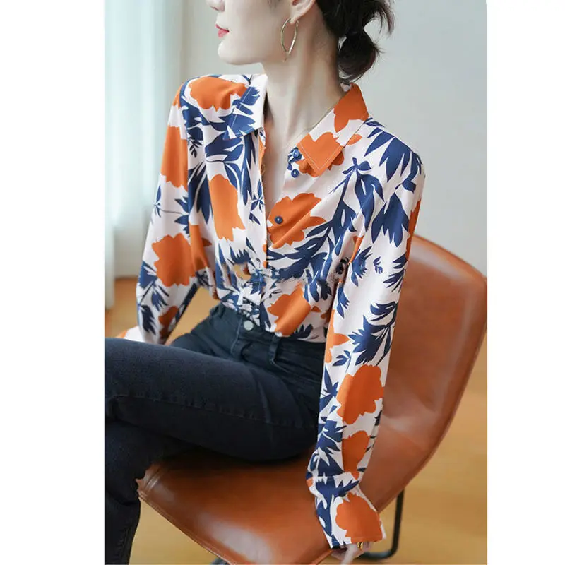 Women Spring Fashion Trend Loose Printing Chiffon Polo-Neck Long Sleeve Shirts Women Clothes Casual All-match Temperament Tops