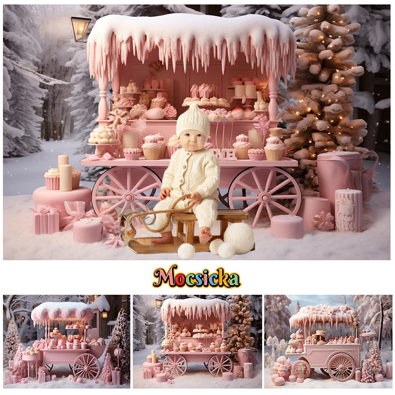 

Photography Background Winter Pink Ice Cream Shop Snow Forest Christmas Tree Gift Xmas Decor Kids Portrait Backdrop Photo Studio