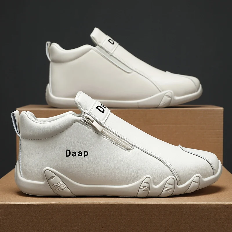 

Fashion Comfortable Soft Leather Mid-top Sneakers Men's High-top Luxury Casual Side Zipper Plate Shoes Tenis Shoes Masculino