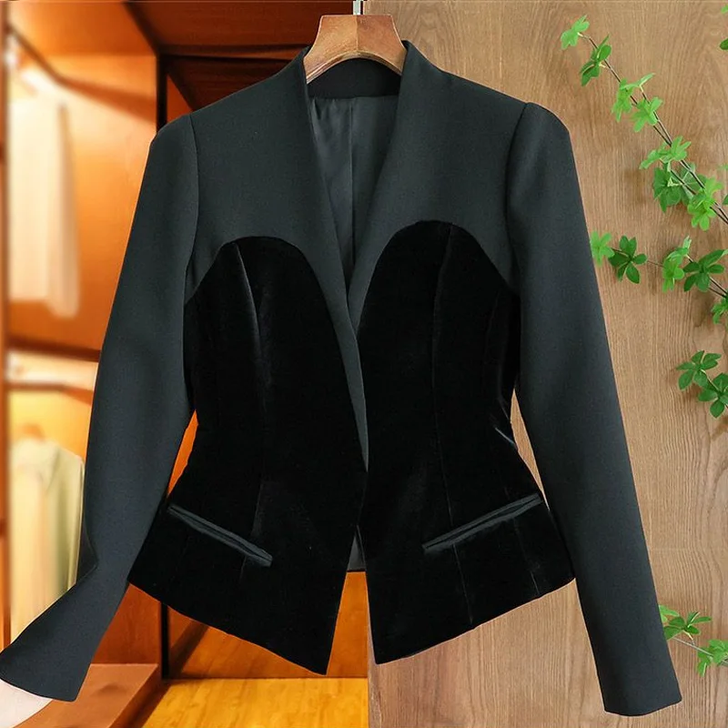 Fashion Fall Spring Autumn Brief Design Single Buttons Top Quality Black Velvet Basic Slim Women Blazers Casual Jackets Korean